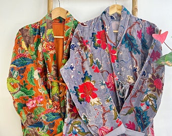 Lyxig sammet Boho Quirky blommig axelbandslös ytterlager Middagschic kappa jacka knytband Bolero vår Elegant present | Stål Lila Rostorange