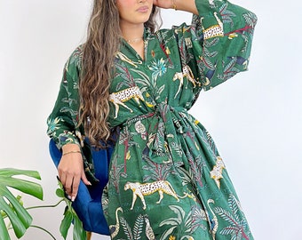 New Silky Sari Boho Kimono Regal House Robe - Luxury Lounge Digital Print Flowy Gown |Forest Emerald Green Quirky Animal Safari Cheetah Love