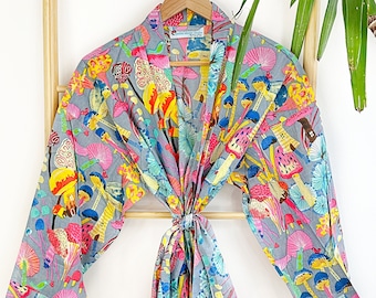 Men’s Cotton Funky House Robe Kimono | Light Grey Hue Yellow Aqua Pink Mushroom Cool Dad Gift Graduation Father | Quirky Festival Boho