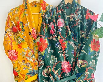 Lyxig sammet Boho Quirky blommig axelbandslös ytterlager Middagschic kappa jacka knytband Bolero Vår Elegant present | Smaragd senapsgult