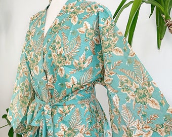 Pure Cotton Handprinted Kimono Knee Length House Robe Beach Coverup/Comfy Maternity Aqua Ocean Pastel Turquoise Beige Botanical Floral