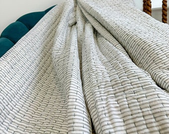 Kantha Quilted Stitch Pure Cotton Reversible Bed/SofaThrow Single Queen Size Quilt Handmade Country Elegant White Grey Monochrome Stripe