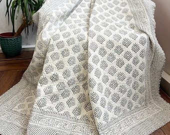 Kantha Stitch Pure Cotton Reversible Bed/Sofa Throw King Size | Handmade HandPrinted Country Dohar | Elegant White Grey Tribal Motif Stripe