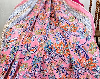 Pure Soft Cotton Indian Floral Dohar Reversible Bed/Sofa Throw Summer Quilted King Size HandPrint White Candy Pink Blue Hibiscus Blossom