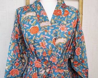Pure Cotton Handprinted Kimono Knee Length House Robe Beach Coverup/Comfy Maternity  - Turquoise Ecstasy Garden