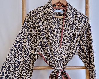 Men's Silk Boho Kimonos Man House Beach Artist Robe | Digital Black Geometric Persian Mandala | Christmas Gift Lover Husband Father