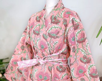 Quilted Unisex Pure Cotton Reversible Long Length Autumn Winter Dressing Kimono Robe Boho Indian Hand Blockprint Pastel Peach Pink Bloom