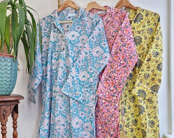 Chemise de nuit bleue de luxe en coton doux indien bloc de main aqua blanc botanique floral salon vêtements de nuit chemise de nuit filles pyjama fête demoiselle d'honneur