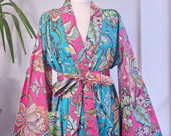 Pure Cotton Handprinted House Robe Tropical Boho Kimono | Turquoise Pink Colour Block Beach Coverup/Comfy Maternity | Gift Christmas Vibe