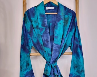 Men's Silky Blend Boho Kimonos Man House Beach Artist Robe - Ocean Aqua Rich Blue Ombre Hue Quirky | Christmas Lover Gift Holiday Vacation