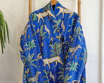 Kantha Reversible Short Length Spring Bolero Bohemian Melange Artist Unisex Front Tie Open Jacket Blue Jungle Animal Totem Quirky Festival