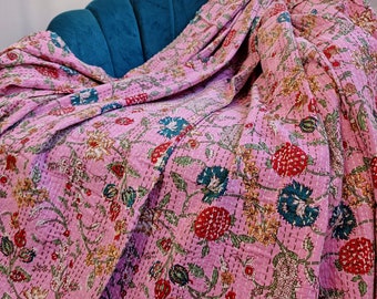 Manta reversible de algodón puro con puntada Kantha para cama o sofá tamaño king, con estampado floral tropical a mano, manta india - Flor de jardín rosa