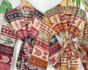 Paisley Unisex Yak Wool Blend Floral Kimono Robe – Regal Beige Pastel Marron Deep Red Ochre Taupe Aztec Print Geometric | Hygge Warm Cosy