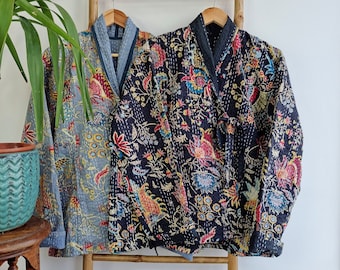 Kantha Vändbar Kort Vårbolero Helsäsong Boho Melange Konstnärsjacka Med Knytning Framtill Och Öppen | Elegant Svart Japansk Orientalisk Konst