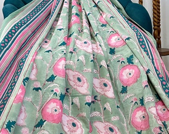 Pure Soft Cotton Indian Floral Dohar Reversible Bed/Sofa Throw Summer Quilted King Size Handmade HandPrint Pistachio Pink White Love Pansy