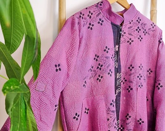Vintage Fine Kantha Short Crop Length Warm Lined Bolero All Season Bohemian Melange Artist Unisex Front Open Jacket Purple Pink Lavender