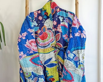 Kantha Vändbar Kort Vårbolero Helsäsong Boho Melange Konstnärsjacka Med Knytning Framtill Öppen | Quirky Blå Japansk Orientalisk Konst