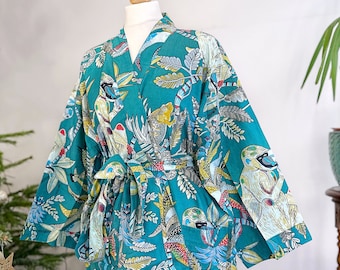 Pure Cotton Indian Block printed House Robe Summer Kimono | Floral Coverup/Comfy Maternity Teal Blue Tropical Monkey Animal Print Jungle