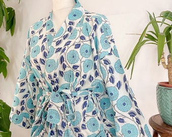 Pure Cotton Handprinted Kimono Knee Length House Robe Beach Coverup/Comfy Sky Blue White Navy Dahlia Blossom Gardenia Botanical Floral