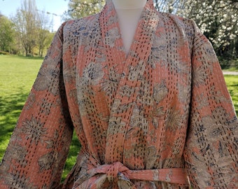 Kantha Cotton Long Reversible Kimono Jacket Unisex Robe Handmade Sustainable Eco-fashion Peach Beige Spring Gardenia