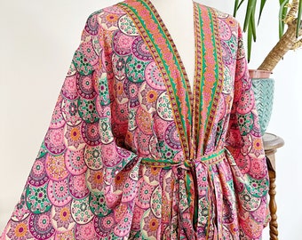 New Silky Sari Boho Kimono Regal House Robe Luxury Lounge Flowy Gown Cream Rich Pretty Pink Emerald Paisley Floral Duster Beach Coverup