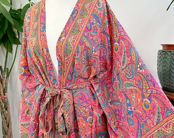 New Silky Sari Boho Kimono Regal House Robe - Luxury Lounge Digital Flowy Gown | Bright Hot Pink Love Garden Floral Paisley Duster Coverup