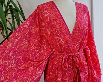 New Silky Sari Boho Short Knee Kimono Regal House Robe Lounge Digital Flowy Gown | Raspberry Hot Pink Paisley | Floral Duster Beach Coverup
