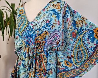 New Silky Blend Kaftan Luxury Lounge House Blue Robe | Beach Wear | Nightie | Nightwear | Digital Print Light Weight Flowy Gown |Hen's Party