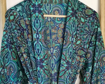 Men's Silk Boho Kimonos Man House Beach Artist Robe- Digital Turquoise Aqua Sea Wonder