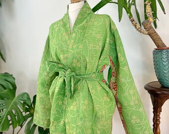 Short Length Spring Artisanal Bolero All Season Bohemian Melange Artist Front Tie Open Jacket | Lime Spring Green Hue Floral Wave