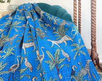 Kantha Stitch Pure Cotton Reversible Bed/Sofa Throw King Size Handmade Floral Dohar Royal Blue Safari Tropical Exotic Forest Animal