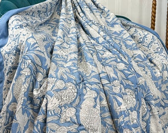 Pure Soft Cotton Indian Floral Dohar Reversible Bed/Sofa Throw Summer Quilt Queen Size Kids Handmade Sky Blue White Pheasant Country Stripe