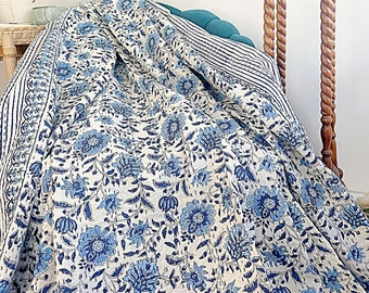 Kantha Stitch Pure Cotton Reversible Bed/Sofa Throw King Size | Handmade HandPrinted Floral Dohar | White Blue Garden Floral Petal Stripe