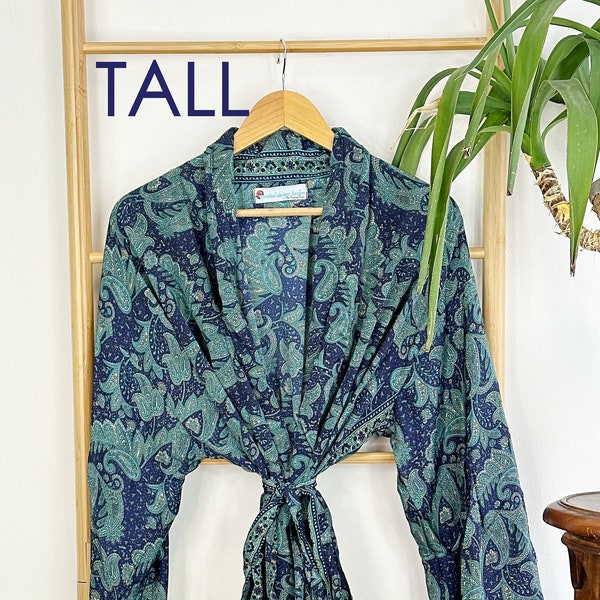 Tall Men's Silky Boho Kimonos Man House Beach Artist Robe - Navy Blue Aqua Paisley Romance |  Bohemian Festival Dressing Gown Lover Man Gift