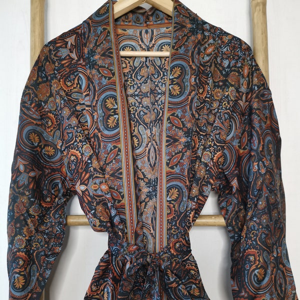 Men's Silk Boho Kimonos Man House Beach Artist Robe- Digital Midnight Wanderer