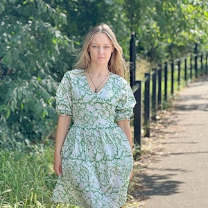 Pure Cotton Dress Indian Block Print Colourful Summer Earthy Elegant Comfy Daywear Beach Outfit Soft Sage Green White Spring Dream Love image 1