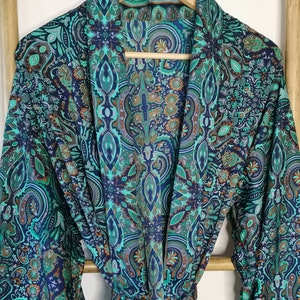 Men's Silk Boho Kimonos Man House Beach Artist Robe- Digital Turquoise Aqua Sea Wonder