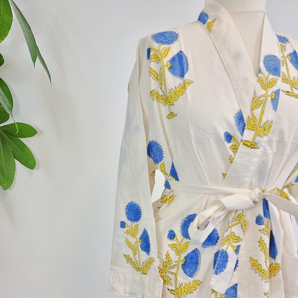 Pure Cotton Indian Block printed House Dressing Robe Summer Kimono | Floral Beach Coverup/Comfy Pure White Blue Yellow Gardenia Bloom