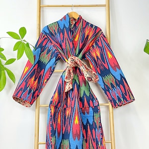 Quilted Unisex Pure Cotton Reversible Long Autumn Winter Dressing Kimono Robe Boho Quirky Dad Gift | Ikat Blue Red Beige Black Navy