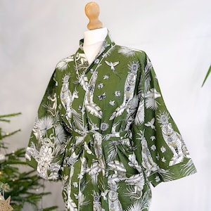 Pure Cotton Handprinted House Robe Summer Kimono Floral Beach Coverup Nature Goddess Forest Dark Olive Green Animal Totem Tiger Monkey Deer