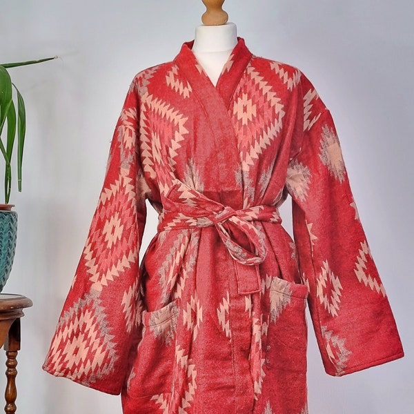 Unisex Yak Wool Blend Floral Kimono/Robe | Regal Urban Red Geometric Diamonds Aztec Print | Christams Cosy Romance Vibe