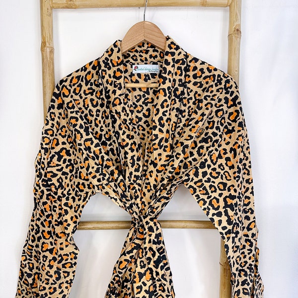 Men’s Cotton Block print House Robe Kimono - Sand Beige Black Orange Cheetah Leopard Stripe Animal Jungle King Bohemian Quirky Garden