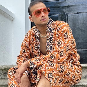 Men’s Cotton Block print House Robe Kimono - Mustard Black White Maroon Summer Eclectic Henna Motif Geometric Magic