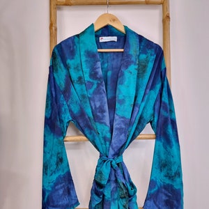 Men's Silky Blend Boho Kimonos Man House Beach Artist Robe - Ocean Aqua Rich Blue Ombre Hue Quirky | Christmas Lover Gift Holiday Vacation