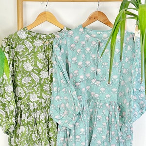 Pure Cotton Long Dress Indian Block Print Summer Earthy Elegant Comfy Daywear Beach Outfit | Pastel Oceania Aqua White Lotus Goddess Floral