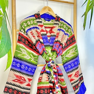 Kimono/veste unisex in misto lana di yak floreale – Lime Voilet Rosso Beige Eccentrico Urbano Geometrico Rombo Strisce Stampa Azteca Caldo Hygge Natale