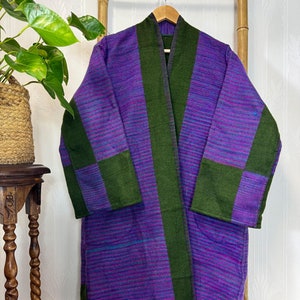 Unisex Stripe Yak Wool Blend Kimono/House Lounge Robe | Classic Elegant Cosy Warm Wrap Dressing Gown | UK 10-14 | Olive Green Purple Blue