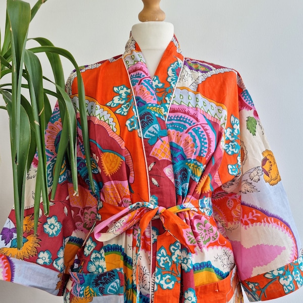 Peignoir d'intérieur 100 % coton imprimé à la main kimono tropical - orange exotique exotique Spark Crush Festival Paradise | Robe de plage/maternité confortable