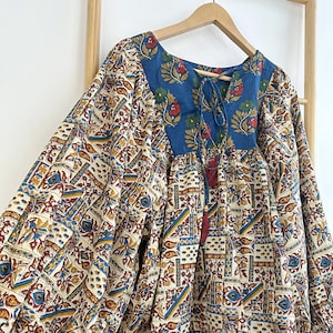 Pure Cotton Earthy Floral Boho Blouse Top Indian Bagru Block Print Summer Comfy Daywear Casual Balloon Sleeve Bib Floral Beige Blue Mustard