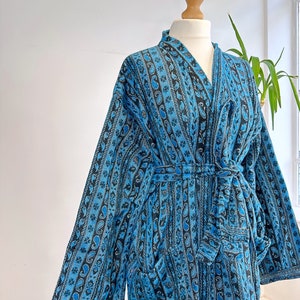 Unisex Yak Wool Blend Kimono Robe – Regal Blue Navy Artistic Geometric Stripe | Cosy Warm Hygge Boho Lover Man Valentine Gift Idea